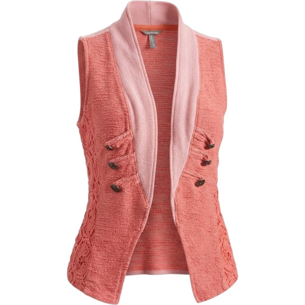 Vanity Womens XL Coral Pink Marl Knit Lace Side Panel Open Front Cardigan Vest